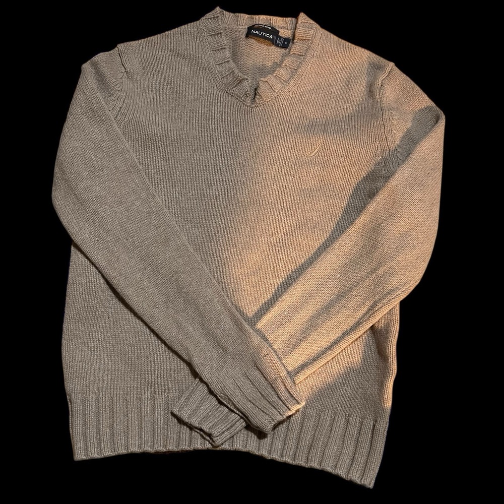 Nautica Merino Wool Blend V Neck Sweater Men's Tan Chunky Knitted Preppy Size M‎